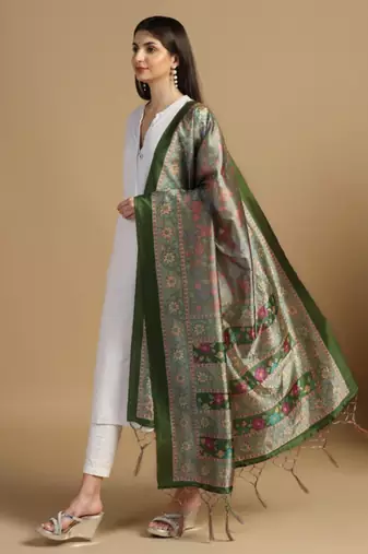 Green Assam Silk Digital Printed Ceremonial Dupatta