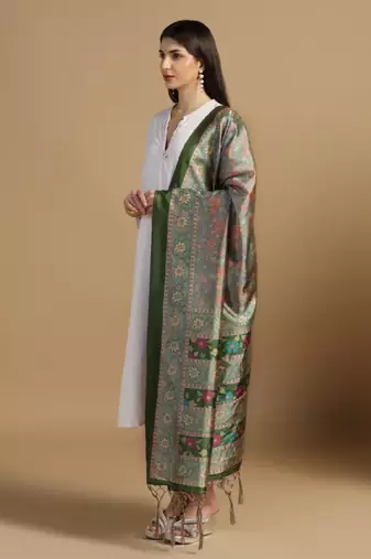 Green Assam Silk Digital Printed Ceremonial Dupatta