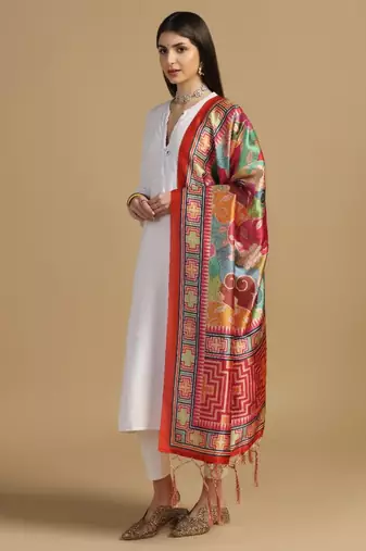 Red Assam Silk Digital Printed Ceremonial Dupatta