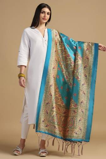 Sky Blue Assam Silk Designer Digital Printed Ceremonial Dupatta