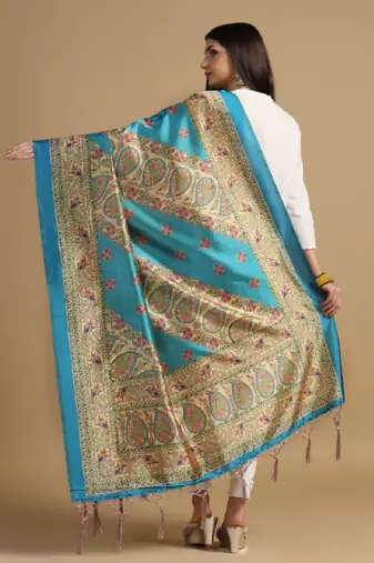 Sky Blue Assam Silk Digital Printed Ceremonial Dupatta