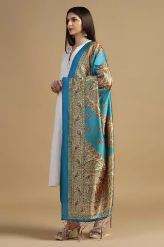 Sky Blue Assam Silk Digital Printed Ceremonial Dupatta