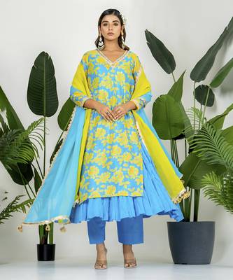 Blue & yellow chanderi digital floral printed kurta set 1