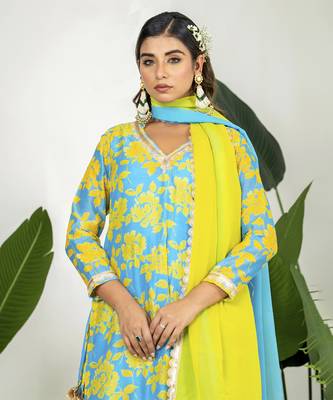 Blue & yellow chanderi digital floral printed kurta set 2