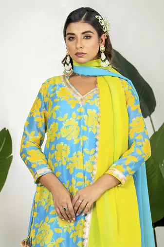 Blue & yellow chanderi digital floral printed kurta set