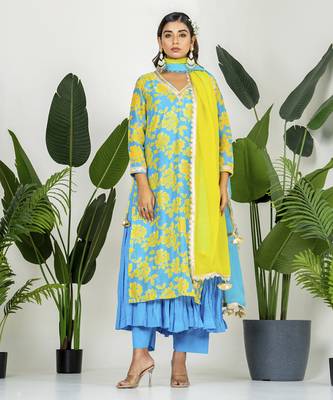 Blue & yellow chanderi digital floral printed kurta set 3