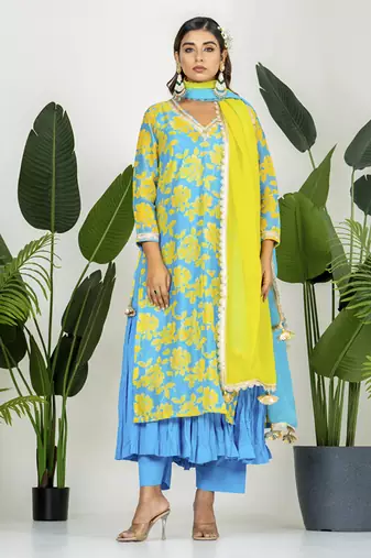 Blue & yellow chanderi digital floral printed kurta set