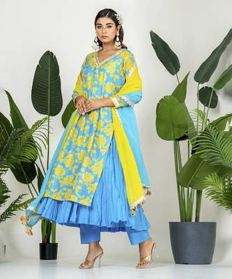 Blue & yellow chanderi digital floral printed kurta set 4