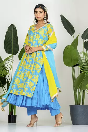 Blue & yellow chanderi digital floral printed kurta set