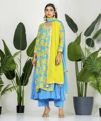 Blue & yellow chanderi digital floral printed kurta set 5