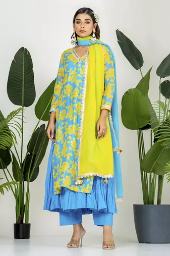 Blue & yellow chanderi digital floral printed kurta set