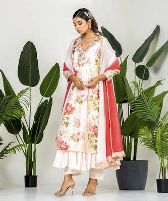 Multi color chanderi digital floral printed kurta set 1