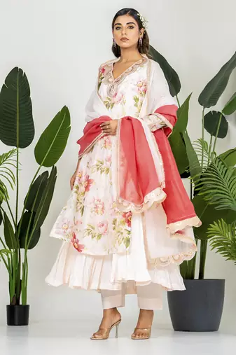 Multi color chanderi digital floral printed kurta set