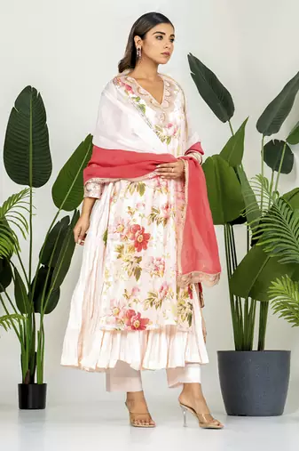 Multi color chanderi digital floral printed kurta set