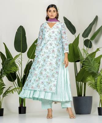 Blue chanderi digital floral printed kurta set 1