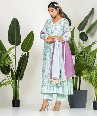 Blue chanderi digital floral printed kurta set 2