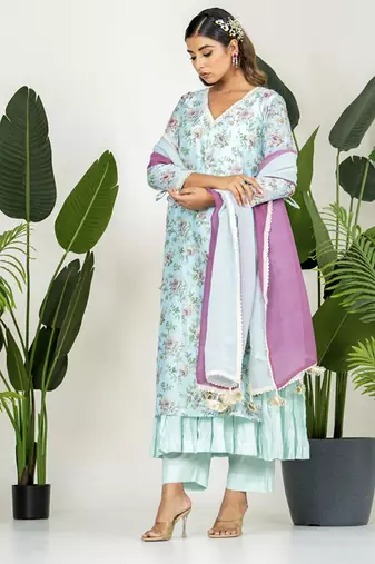 Blue chanderi digital floral printed kurta set