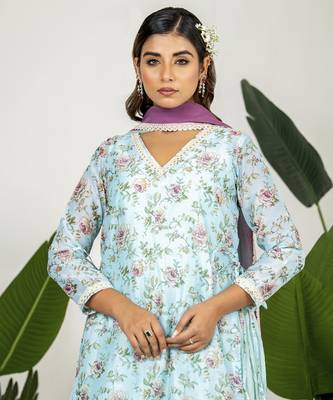 Blue chanderi digital floral printed kurta set 3