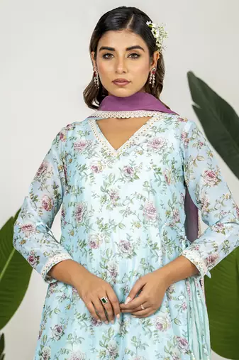 Blue chanderi digital floral printed kurta set