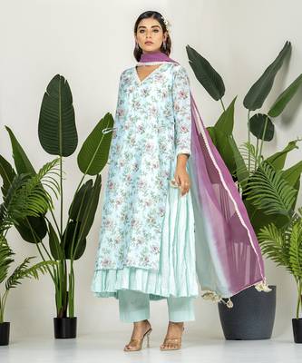 Blue chanderi digital floral printed kurta set 4