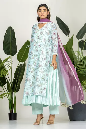 Blue chanderi digital floral printed kurta set