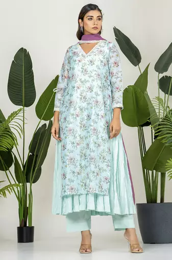Blue chanderi digital floral printed kurta set