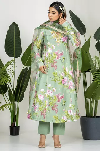 Green chanderi digital printed kurta set