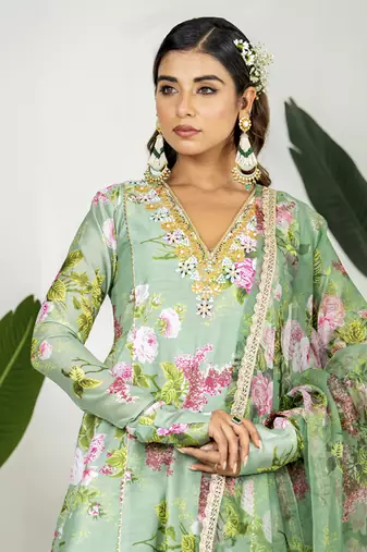 Green chanderi digital printed kurta set