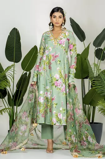 Green chanderi digital printed kurta set