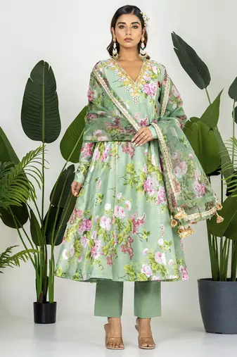 Green chanderi digital printed kurta set