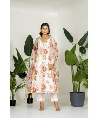 Pastel peach chanderi digital printed kurta set 1