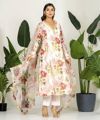 Pastel peach chanderi digital printed kurta set 2
