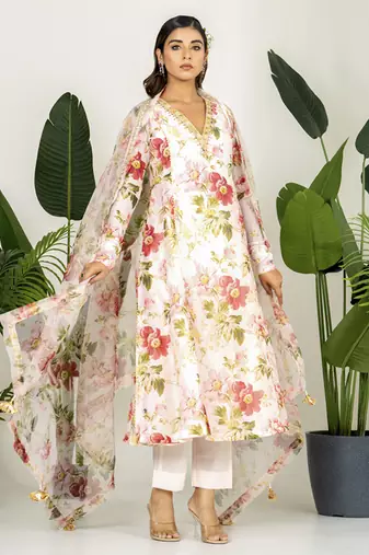 Pastel peach chanderi digital printed kurta set