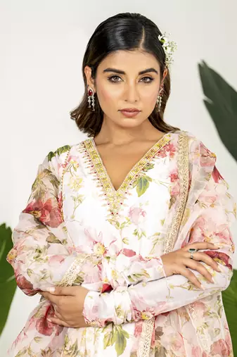 Pastel peach chanderi digital printed kurta set
