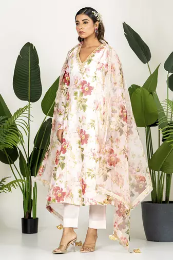 Pastel peach chanderi digital printed kurta set