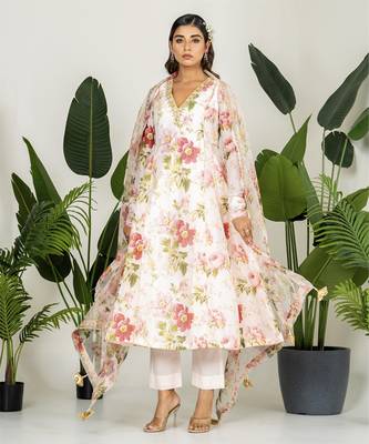 Pastel peach chanderi digital printed kurta set 5