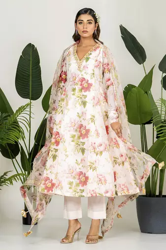 Pastel peach chanderi digital printed kurta set