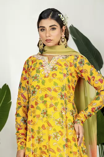 Yellow chanderi digital printed kurta set