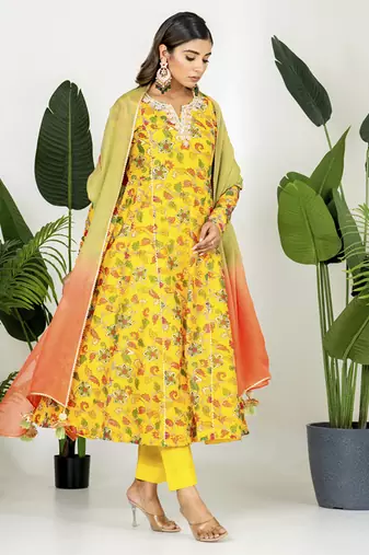 Yellow chanderi digital printed kurta set