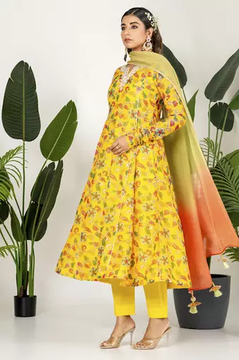 Yellow chanderi digital printed kurta set