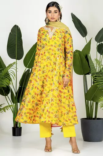 Yellow chanderi digital printed kurta set