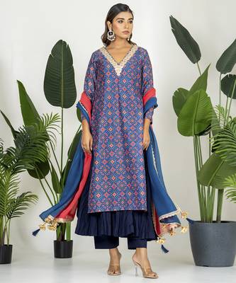 Blue chanderi patola digital printed kurta set 1