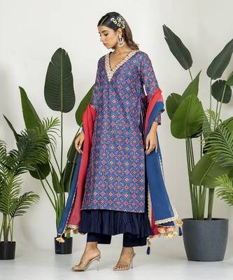 Blue chanderi patola digital printed kurta set 2