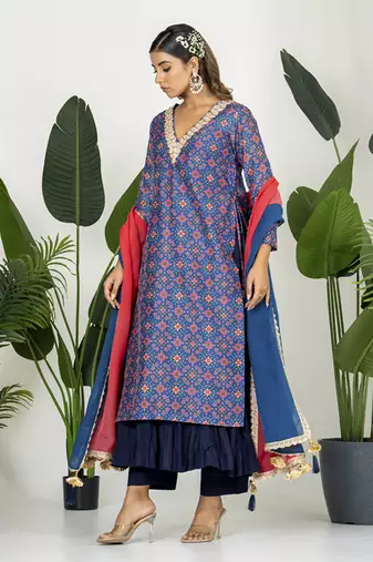 Blue chanderi patola digital printed kurta set