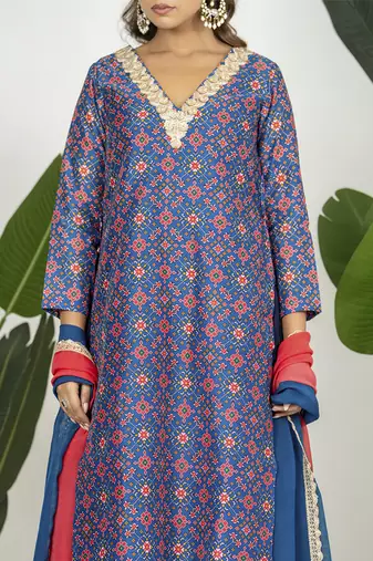Blue chanderi patola digital printed kurta set