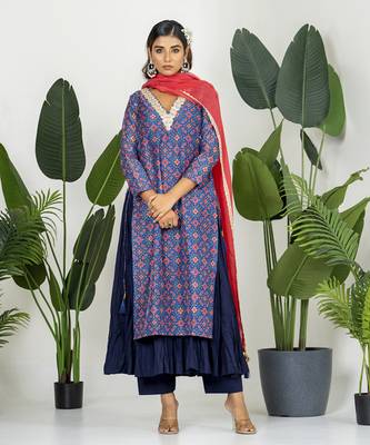 Blue chanderi patola digital printed kurta set 4