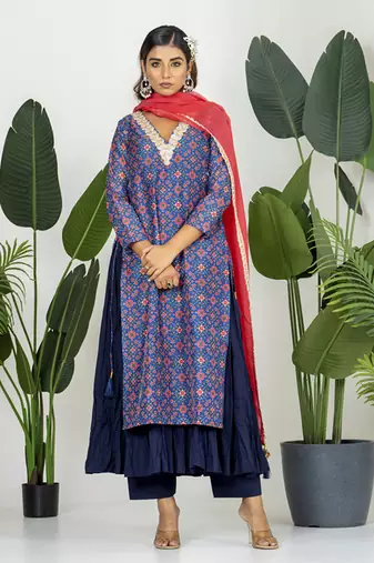 Blue chanderi patola digital printed kurta set