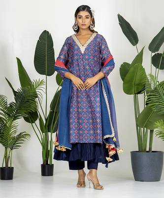 Blue chanderi patola digital printed kurta set 5