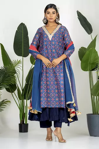 Blue chanderi patola digital printed kurta set
