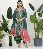 Bottle green chanderi digital floral printed kurta set